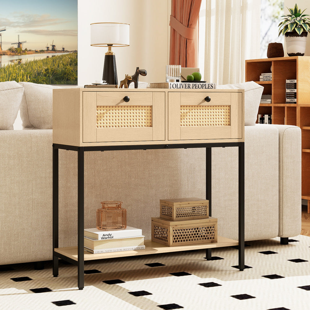 Rattan Console Table Boho Entryway Table with 2 Rattan Drawers and Open Storage Shelf-Oak - Gallery View 1 of 10