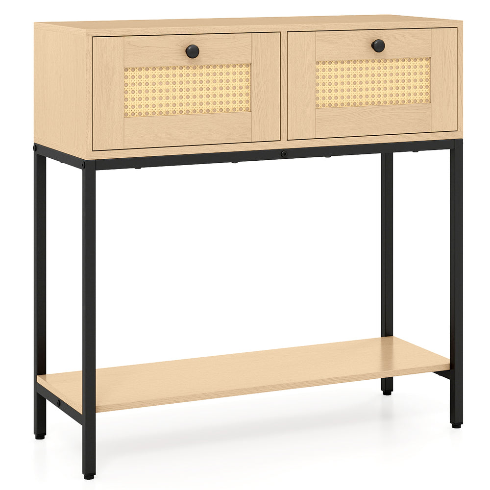 Boho-inspired rattan console table with two drawers and open shelf, perfect for entryway or hallway storage.