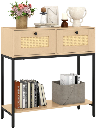 Costway Boho Rattan Console Entryway Table w/ 2 Drawers Shelf 95623417 New