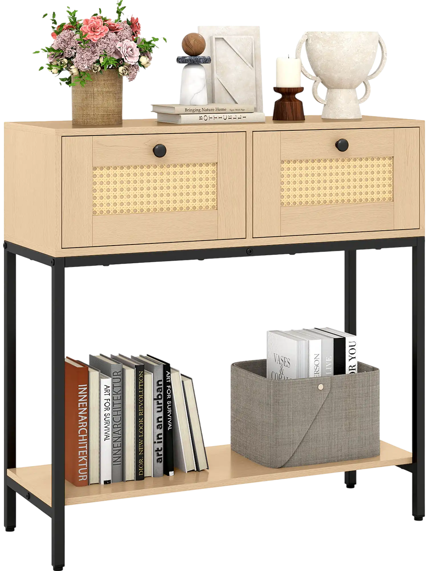 Costway Boho Rattan Console Entryway Table w/ 2 Drawers Open Shelf 95623417 New