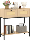 Rattan console table with oak finish and two drawers, featuring open storage shelf, ideal for stylish living room.