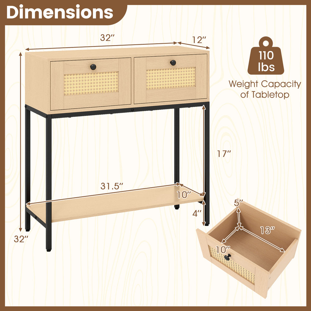 Rattan console table with 2 drawers and open shelf, featuring oak finish and metal legs, ideal for entryway storage.