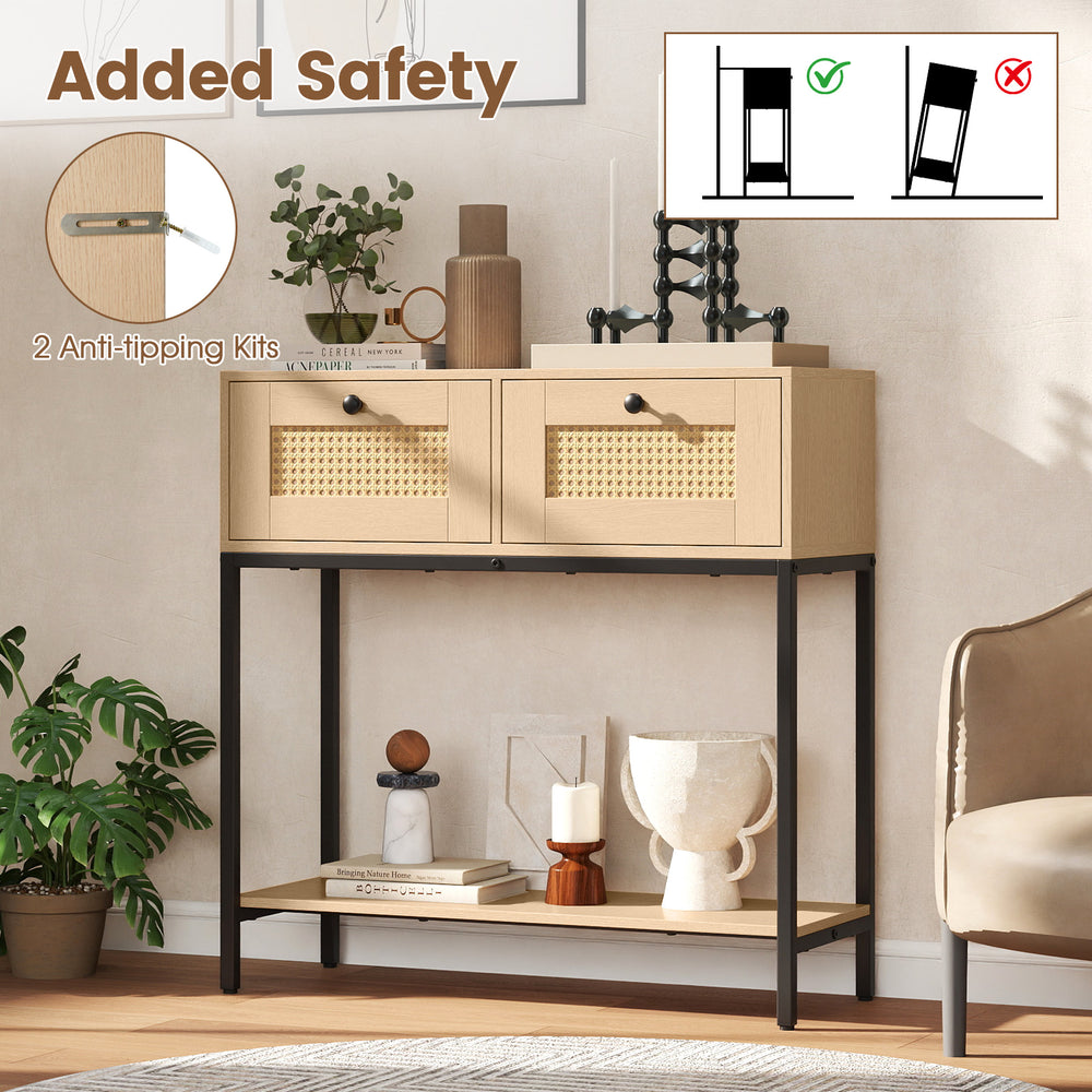 Rattan console table with 2 drawers and open shelf, featuring a boho design and anti-tipping safety features.