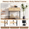 Boho-inspired rattan console table with two drawers, open shelf, and sturdy metal frame for entryway or living room use.