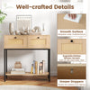 Rattan console table with two drawers and open shelf, featuring oak finish and boho design for versatile entryway.