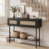 Rattan console table with two storage cabinets and open shelf, featuring a black carbon steel frame for stylish.
