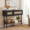Rattan console table with a wide top and open shelf, showcasing a black carbon steel frame for versatile storage.