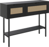 Rattan console table with 2 storage cabinets and open shelf, featuring a black carbon steel frame for stability.