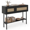 Rattan console table showcasing premium PE rattan texture and sleek black carbon steel frame for modern decor.