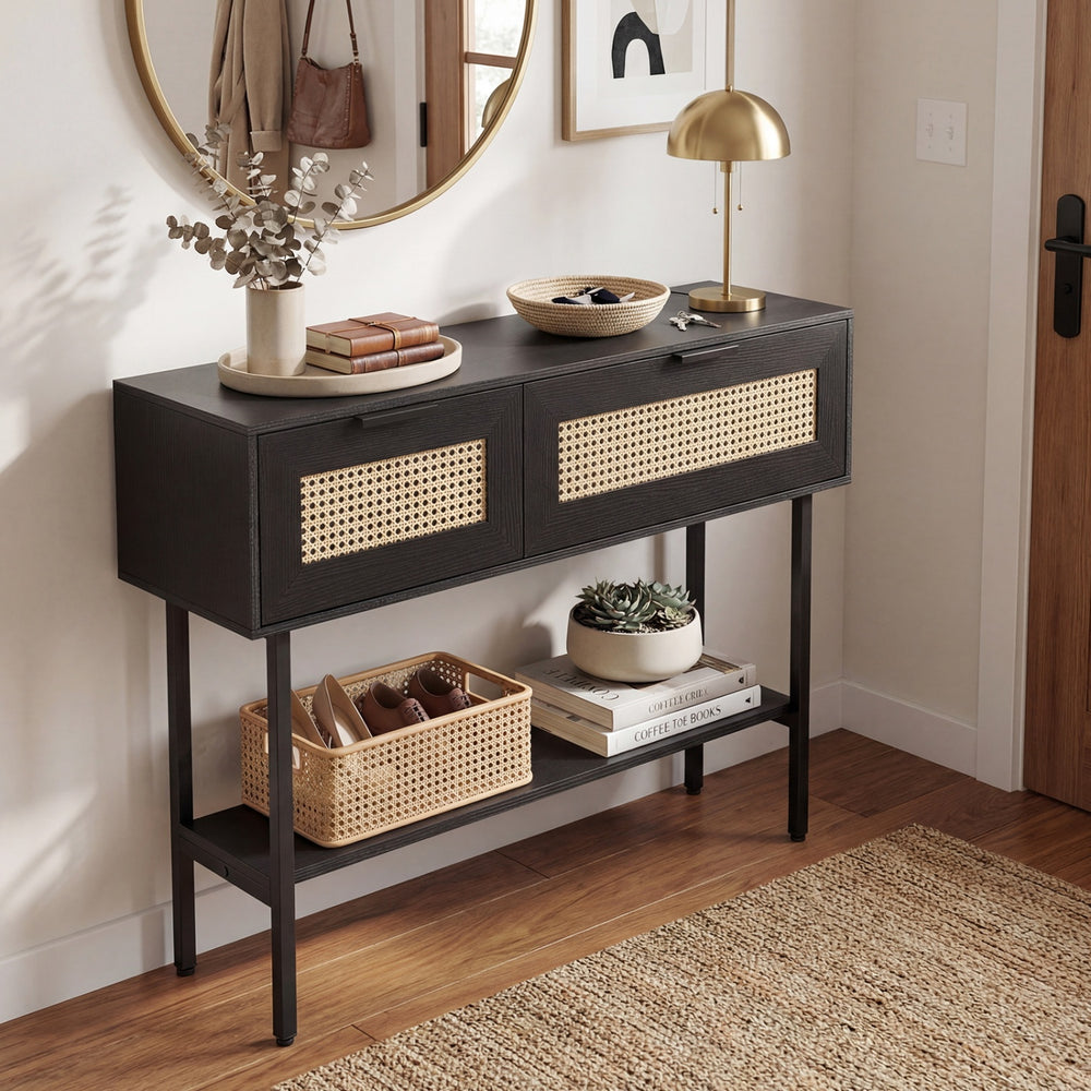 Rattan console table with a black carbon steel frame, featuring splinter-free surfaces and adjustable foot pads for.