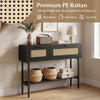Rattan console table with 2 storage cabinets, black carbon steel frame, ideal for stylish organization in any space.