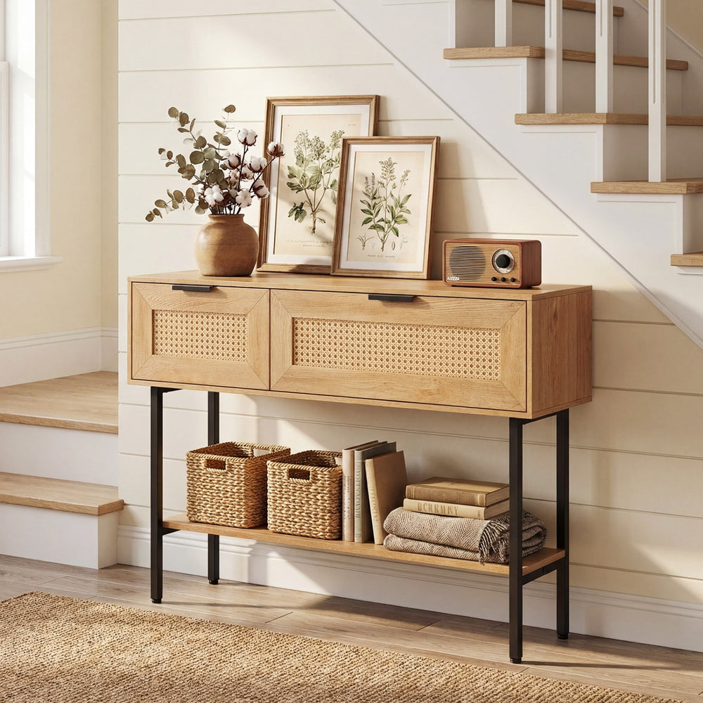 Rattan Console Table with 2 Storage Cabinets Shelf Carbon Steel Frame-Natural - Gallery View 1 of 11