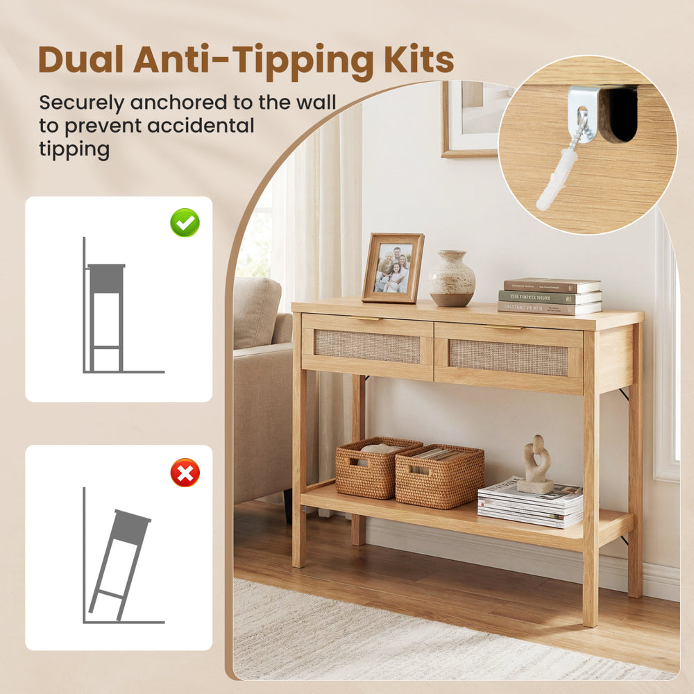Rattan console table with 2 drawers and bottom shelf, featuring dual anti-tipping kits for enhanced stability.