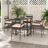 5-piece brown rattan counter set featuring 4 stools and a polywood bar table, ideal for outdoor dining and relaxation.