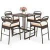 5-piece brown rattan counter set featuring a polywood bar table and 4 stools with breathable mesh backrests for outdoor.