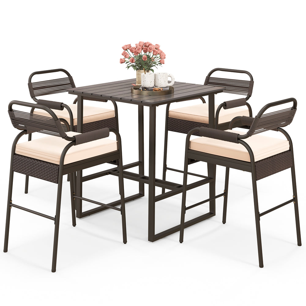 5-piece brown rattan counter set featuring a polywood bar table and 4 stools with breathable mesh backrests for outdoor.