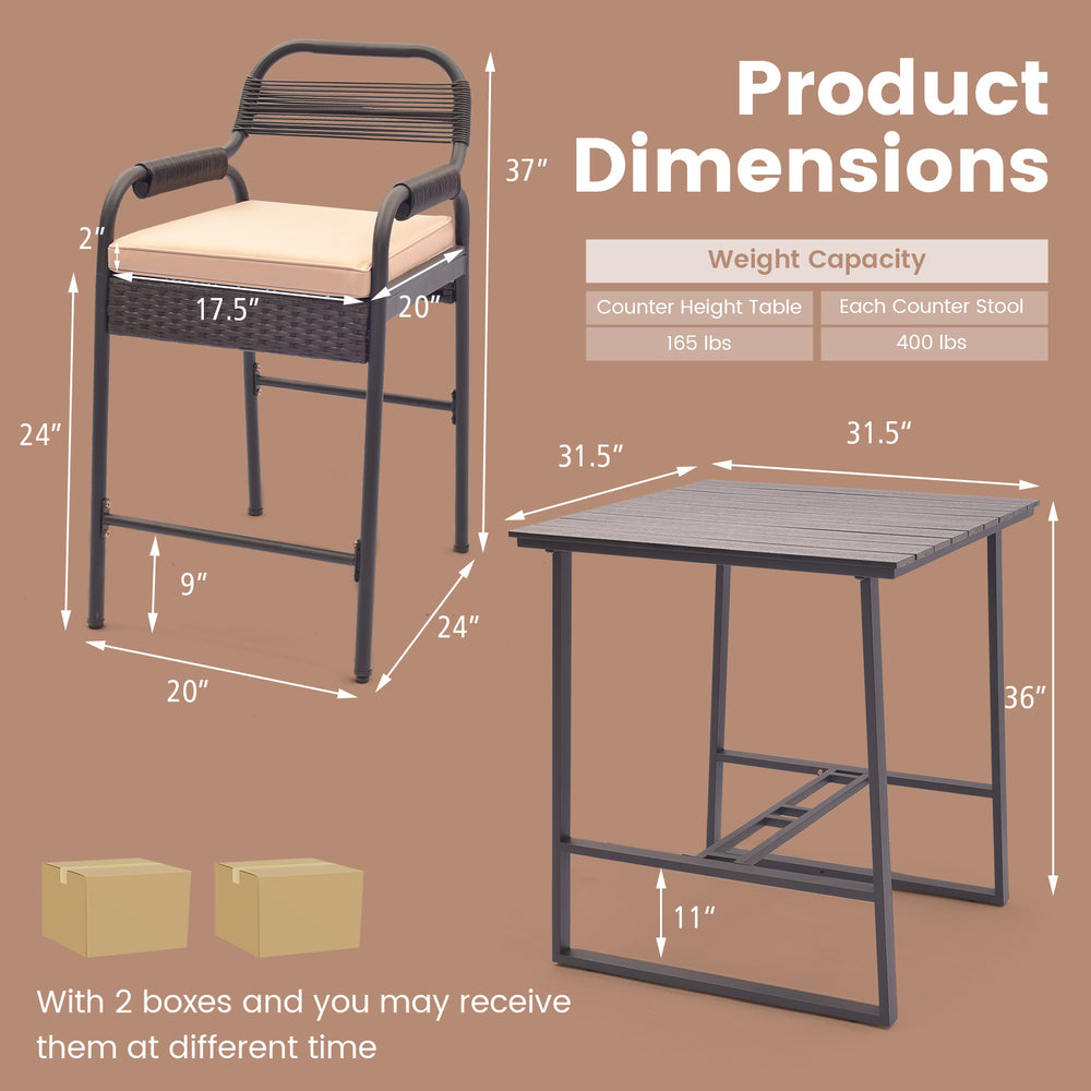 Rattan counter set featuring a polywood bar table and four stools, designed for durability and comfort in outdoor.
