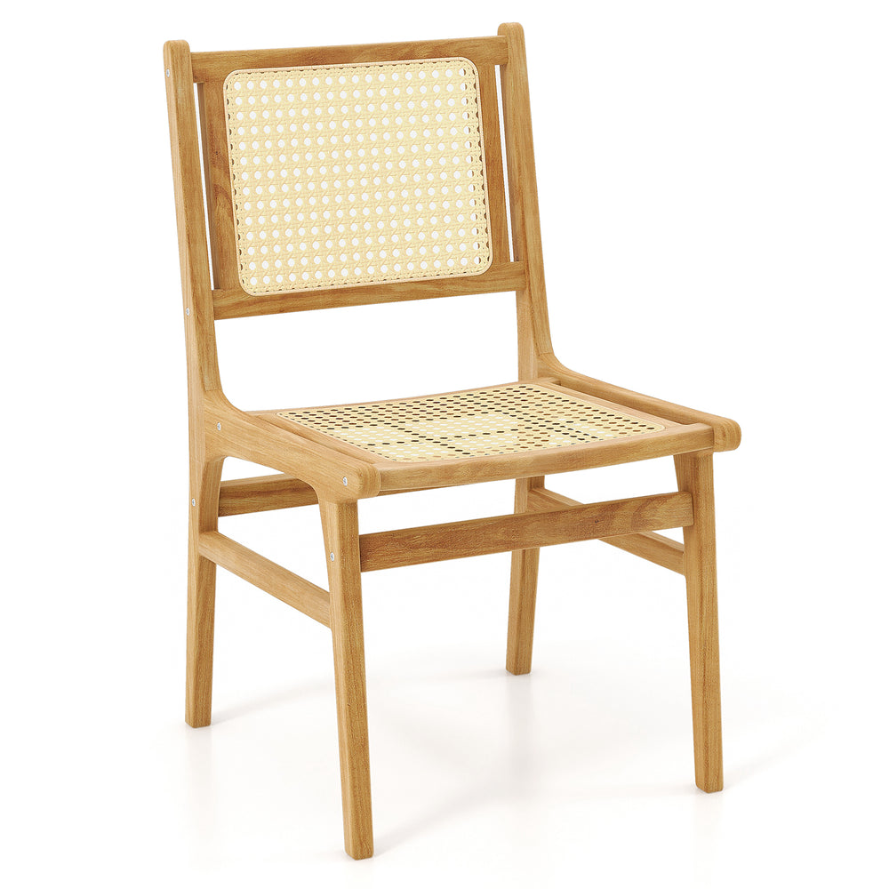Rattan dining chair featuring a natural cane woven backrest and sturdy teak wood frame for stylish indoor seating.