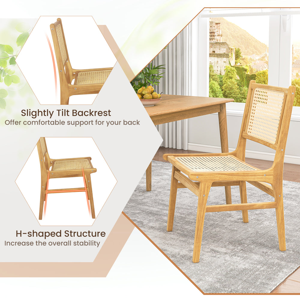 Rattan dining chair with natural cane backrest and teak wood frame, featuring a slightly tilted backrest for comfort.