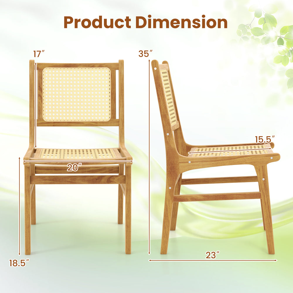 Rattan dining chair dimensions showcasing natural cane backrest and teak wood frame for stylish and durable seating.