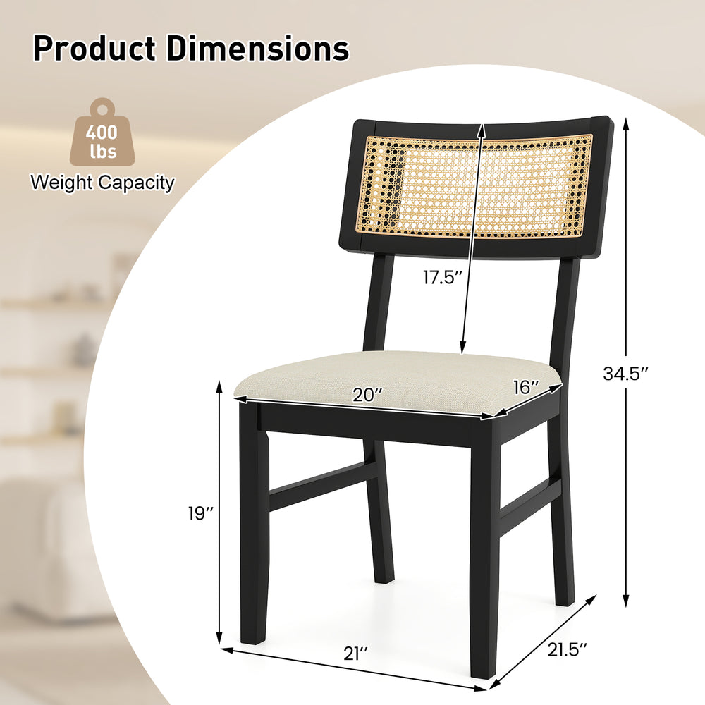 Rattan dining chair with padded seat, rubber wood legs, and breathable backrest, designed for comfort and style.