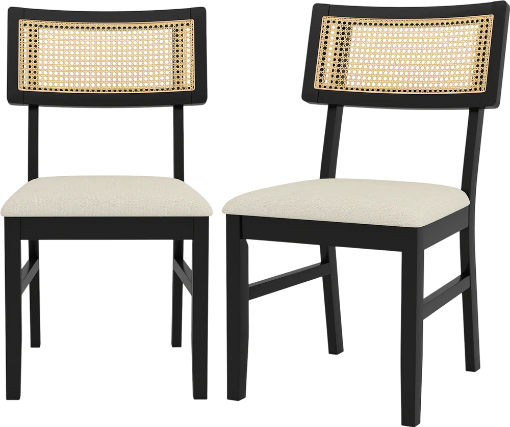Set of 2 black rattan dining chairs with padded seats and rubber wood legs, featuring a breathable woven backrest.