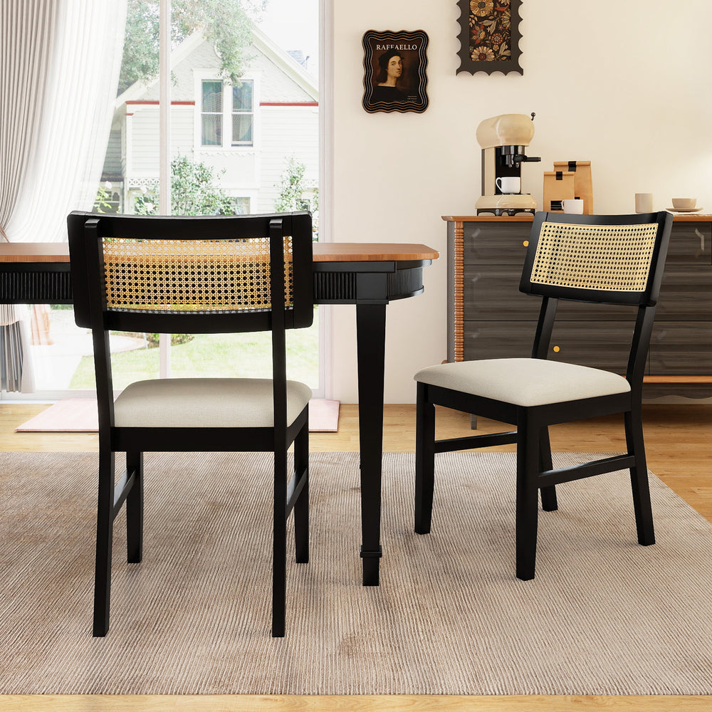 Rattan dining chairs set of 2 with padded seats and rubber wood legs, featuring a breathable backrest for comfort.