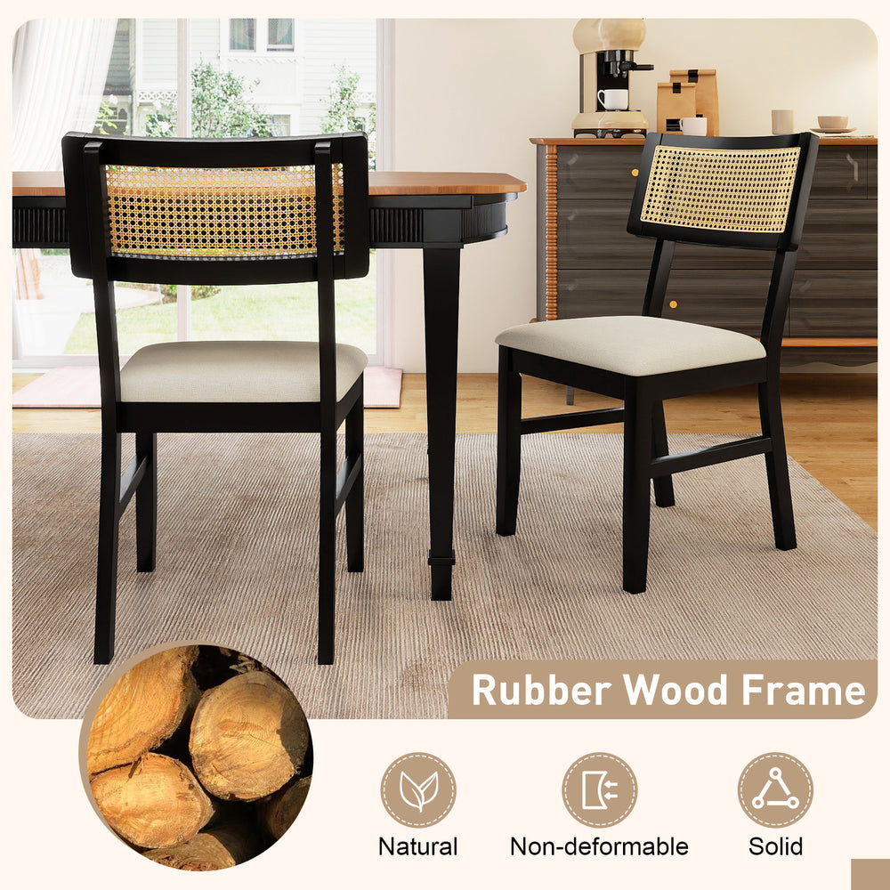 Rattan dining chairs set of 2 with padded seats and rubber wood legs, featuring a breathable woven backrest for comfort.