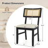 Black rattan dining chair with padded seat, rubber wood legs, and dimensions for optimal comfort and support.