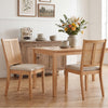 Natural rattan dining chairs set of 2 features a curved backrest and padded seat, perfect for dining rooms and kitchens.