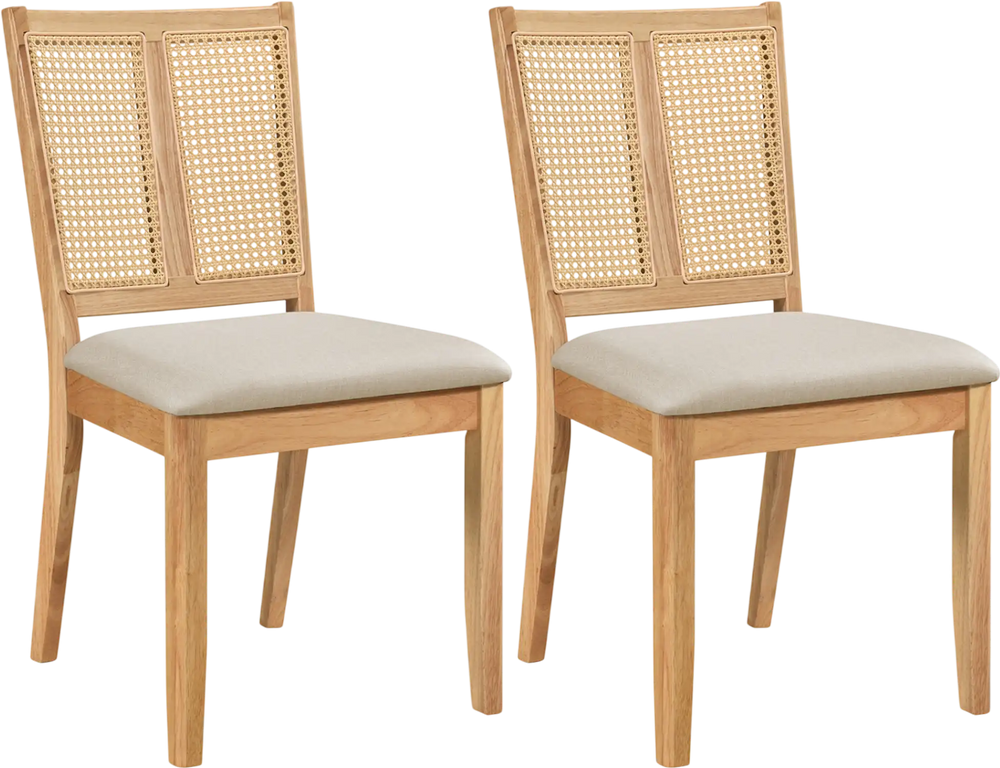 Set of 2 natural rattan dining chairs with curved backrest and padded seat, ideal for dining rooms and kitchens.