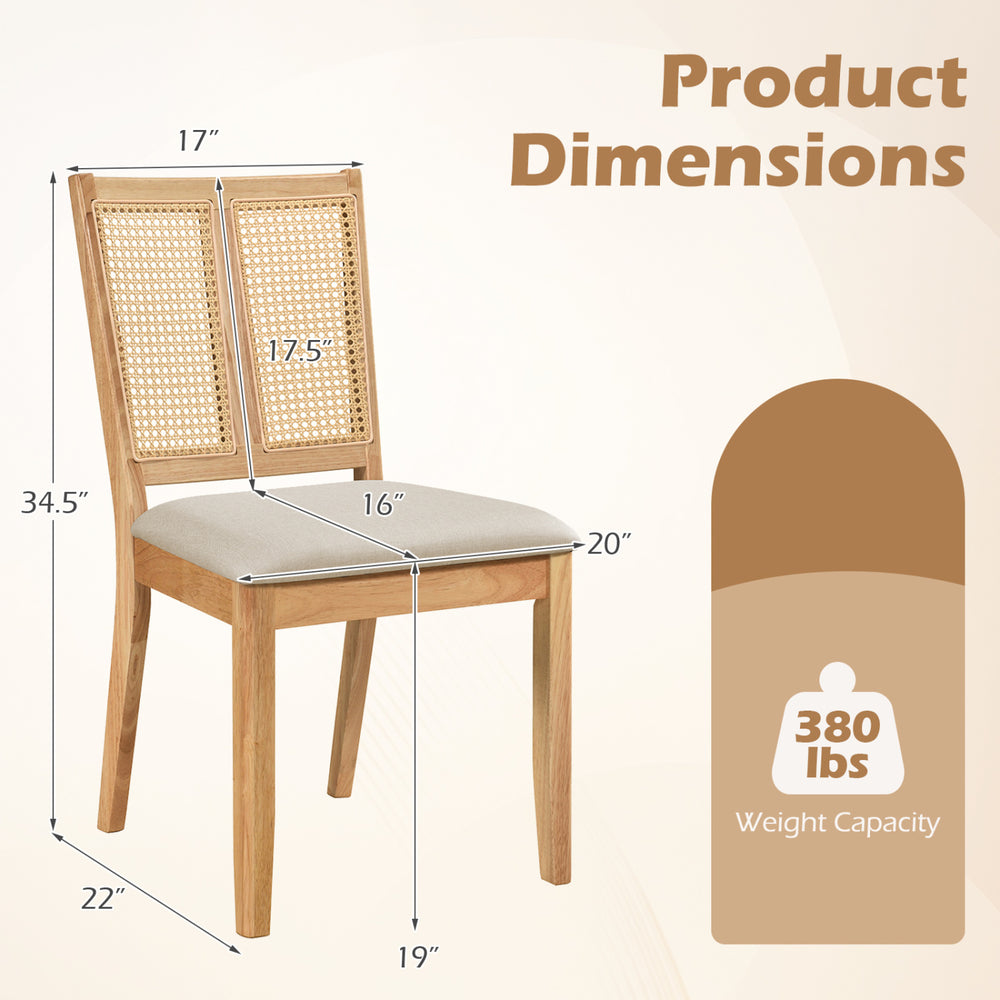 Curved backrest rattan dining chair with padded seat, natural wood finish, and 380 lbs weight capacity for dining rooms.
