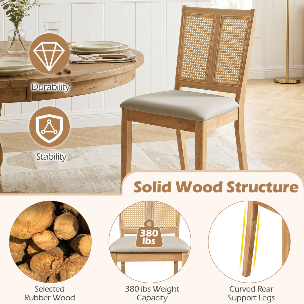Curved backrest rattan dining chair set made of selected rubber wood, featuring a padded seat for comfort and stability.