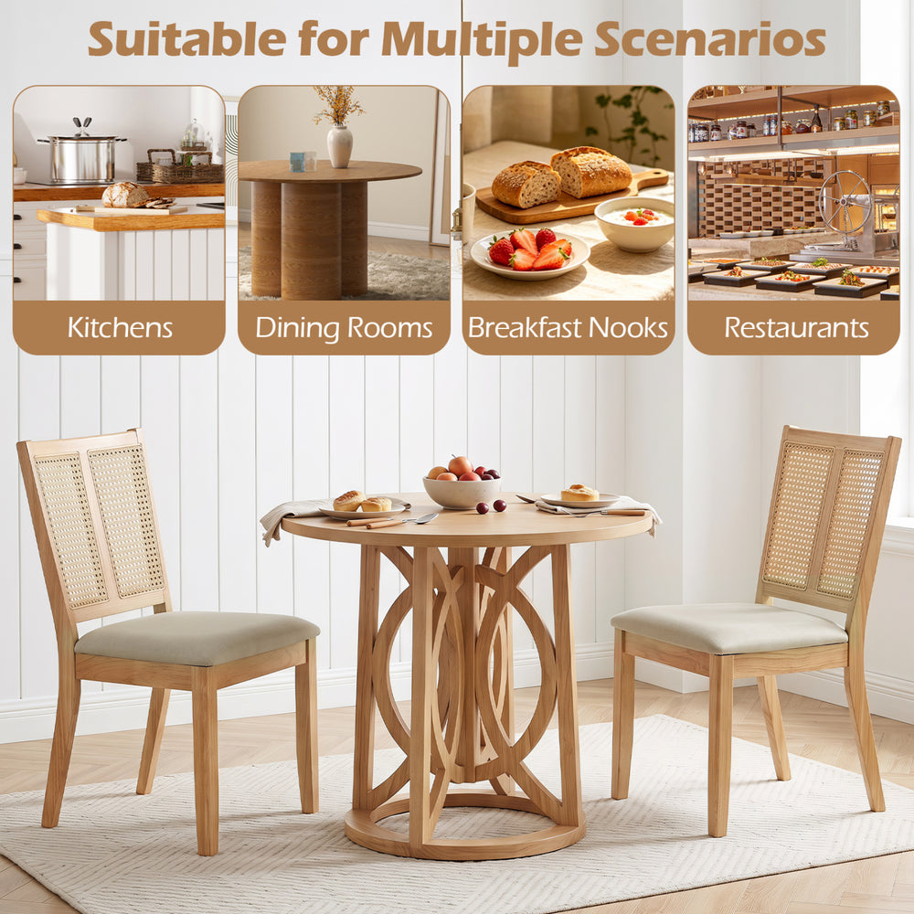 Natural rattan dining chairs set of 2 features a curved backrest and padded seat for comfort in dining rooms or kitchens.