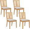 Set of 4 natural rattan dining chairs with curved backrests and padded seats, ideal for dining rooms and kitchens.