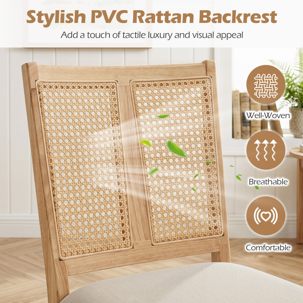Curved backrest and padded seat of a rattan dining chair set, featuring breathable PVC rattan for comfortable dining.