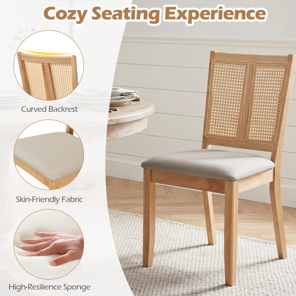 Rattan dining chair with a curved backrest, padded seat, and natural wood finish, ideal for dining rooms and kitchens.