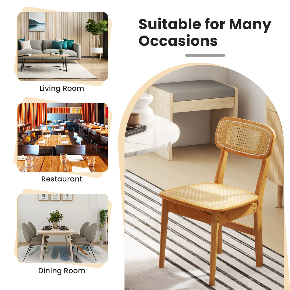 Natural rattan dining chair with ergonomic backrest, solid wood structure, suitable for living and dining rooms.