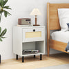 Rattan nightstand in white with open shelf and drawer, featuring oak wood grain for a boho touch, ideal for bedroom use.