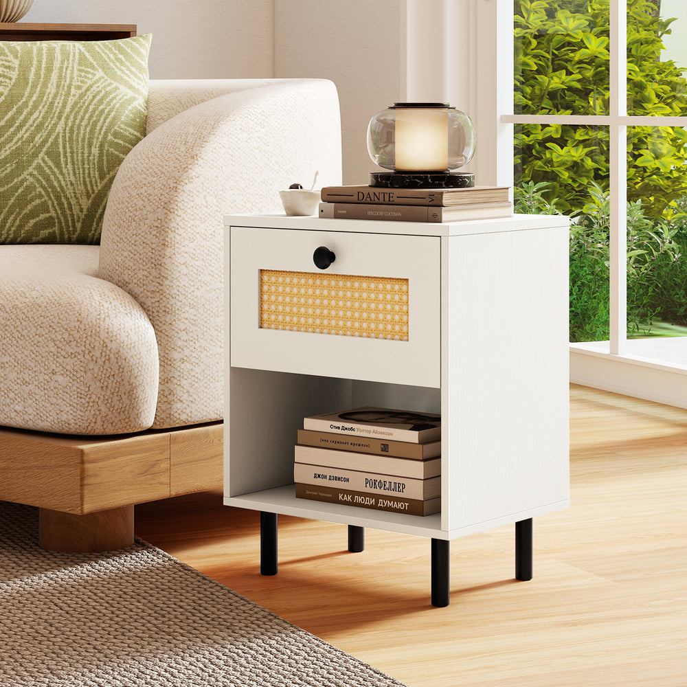 Rattan nightstand with oak wood grain, featuring a drawer and open shelf, perfect for living room or bedroom storage.