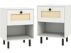 Set of 2 white rattan nightstands with open shelves and drawers, featuring sturdy metal legs for stability and storage.