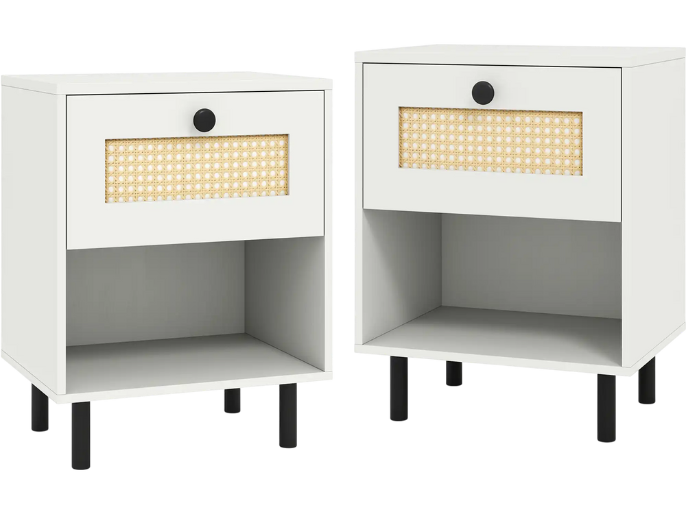 Set of 2 white rattan nightstands with open shelves and drawers, featuring sturdy metal legs for stability and storage.