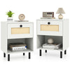 Rattan nightstand set of 2 in white with oak wood grain, featuring a drawer and open shelf for versatile storage.