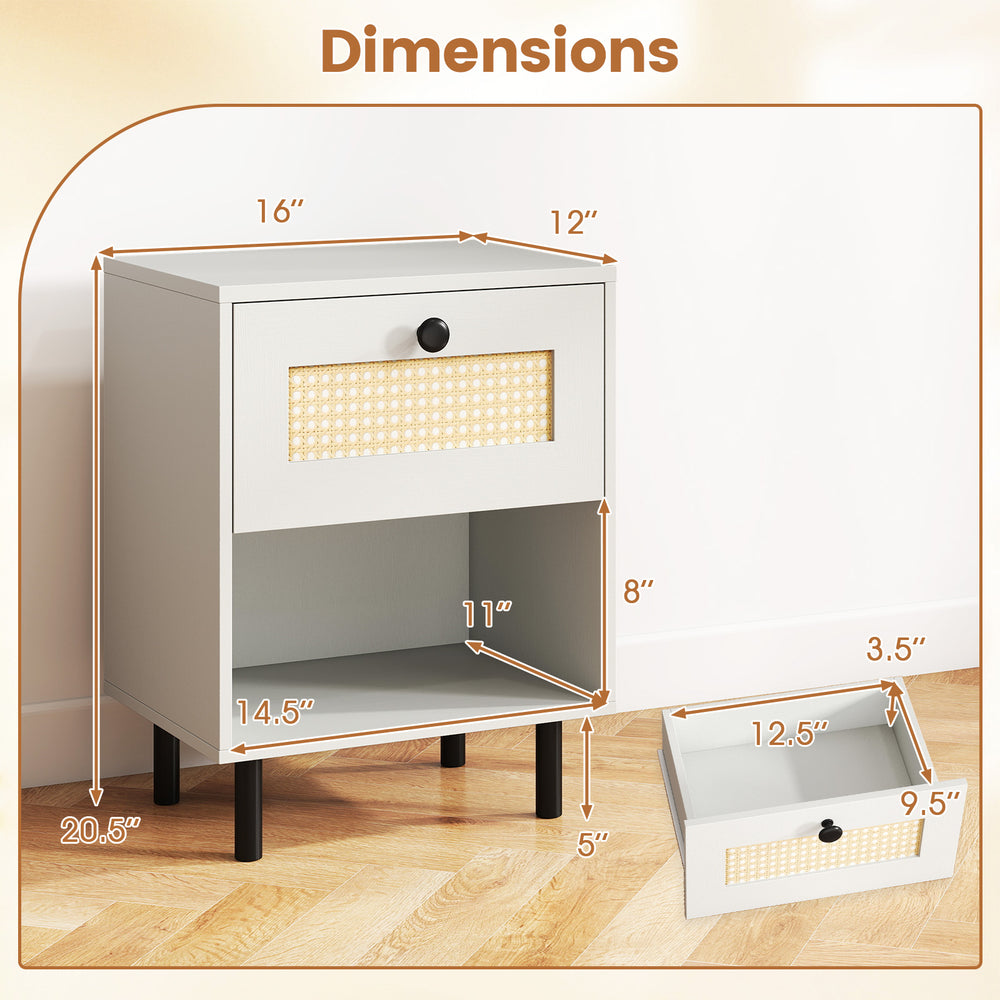 Rattan nightstand dimensions with open shelf and drawer, featuring oak wood grain and sturdy metal legs for stability.