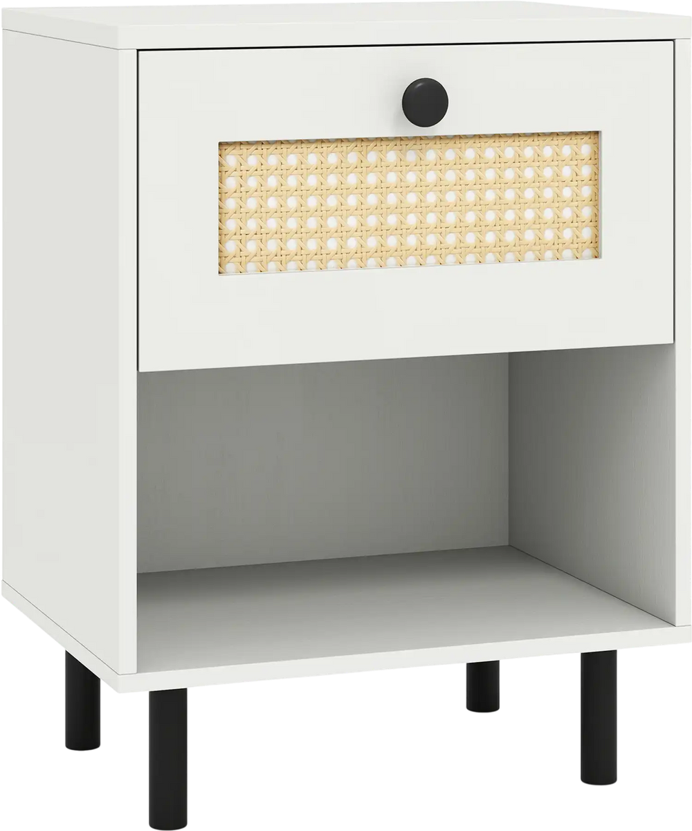 Rattan nightstand in white with a rattan drawer and open shelf, ideal for bohemian-style bedroom or living room storage.