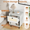 Rattan nightstand with open shelf and large drawer in white, perfect for bedroom or living room storage.