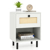 Rattan nightstand with oak wood grain, featuring a drawer and open shelf, perfect for bedroom or living room storage.