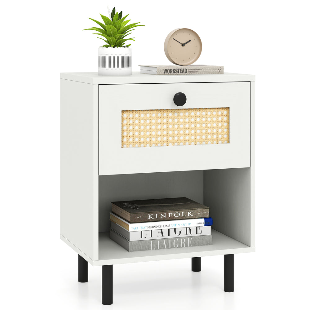 Rattan Nightstand Boho End Table with Rattan Drawer and Open Shelf Set of 2-White - Gallery View 1 of 38