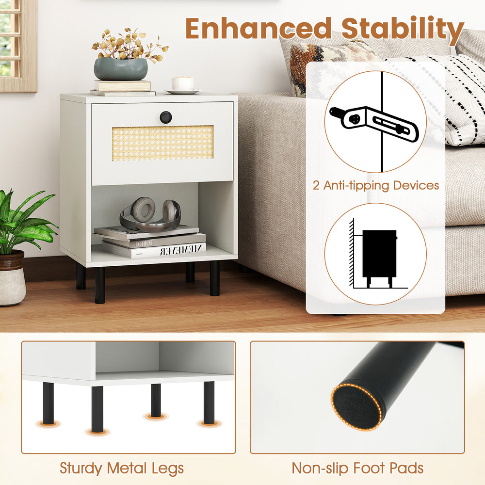 Rattan nightstand with open shelf and drawer, featuring sturdy metal legs and non-slip foot pads for stability.
