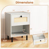 Rattan nightstand with open shelf and drawer, featuring oak wood grain and sturdy metal legs for stylish storage.